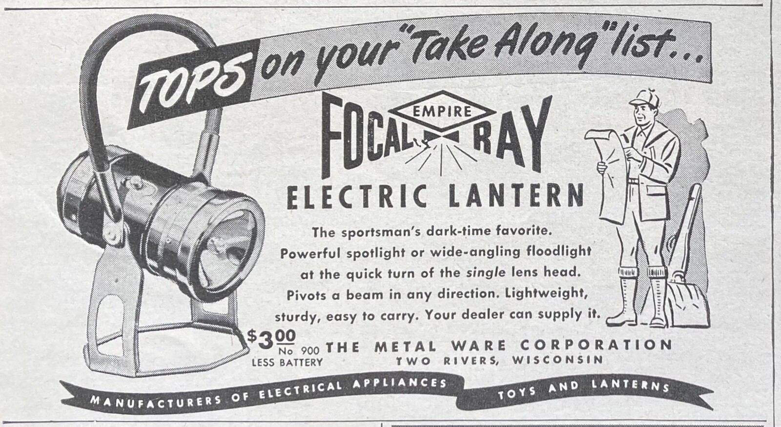 1947 AD.(XH2)~METAL WARE CO. TWO RIVERS, WIS. EMPIRE FOCAL-RAY ELECTRIC LANTERN