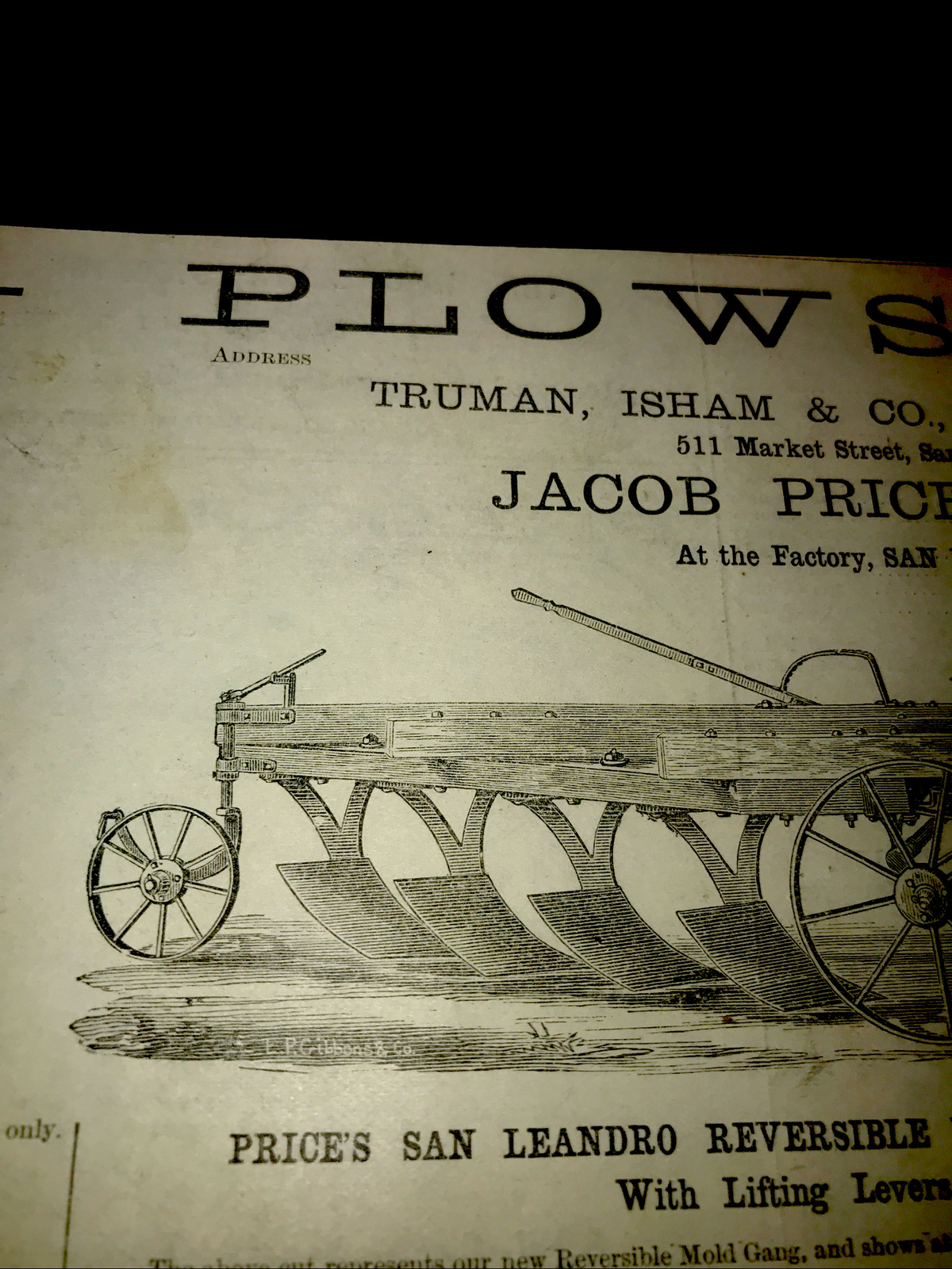 1883 San Leandro Gang Plow Farm Advertising – San Francisco – California 7×9