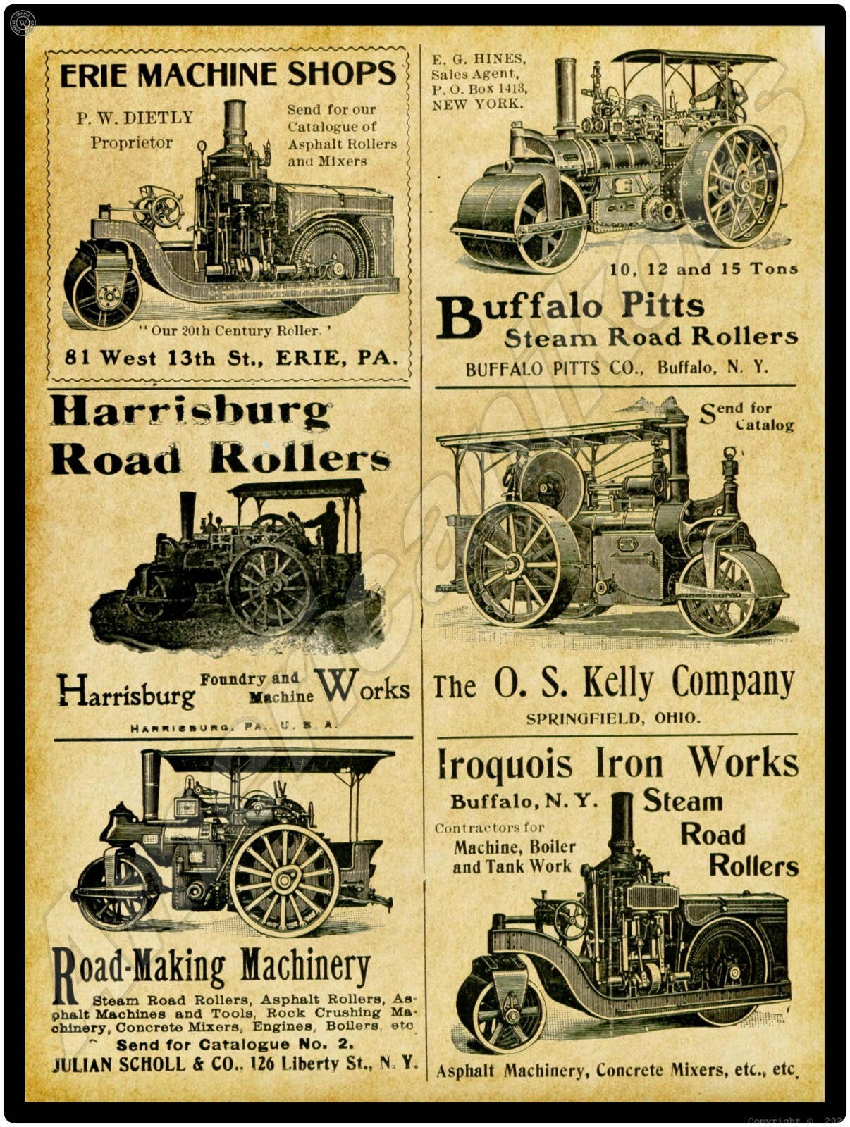 1901 Steam Powered Road Rollers New Metal Sign: Kelly, Iroquois, Buffalo Pitts +