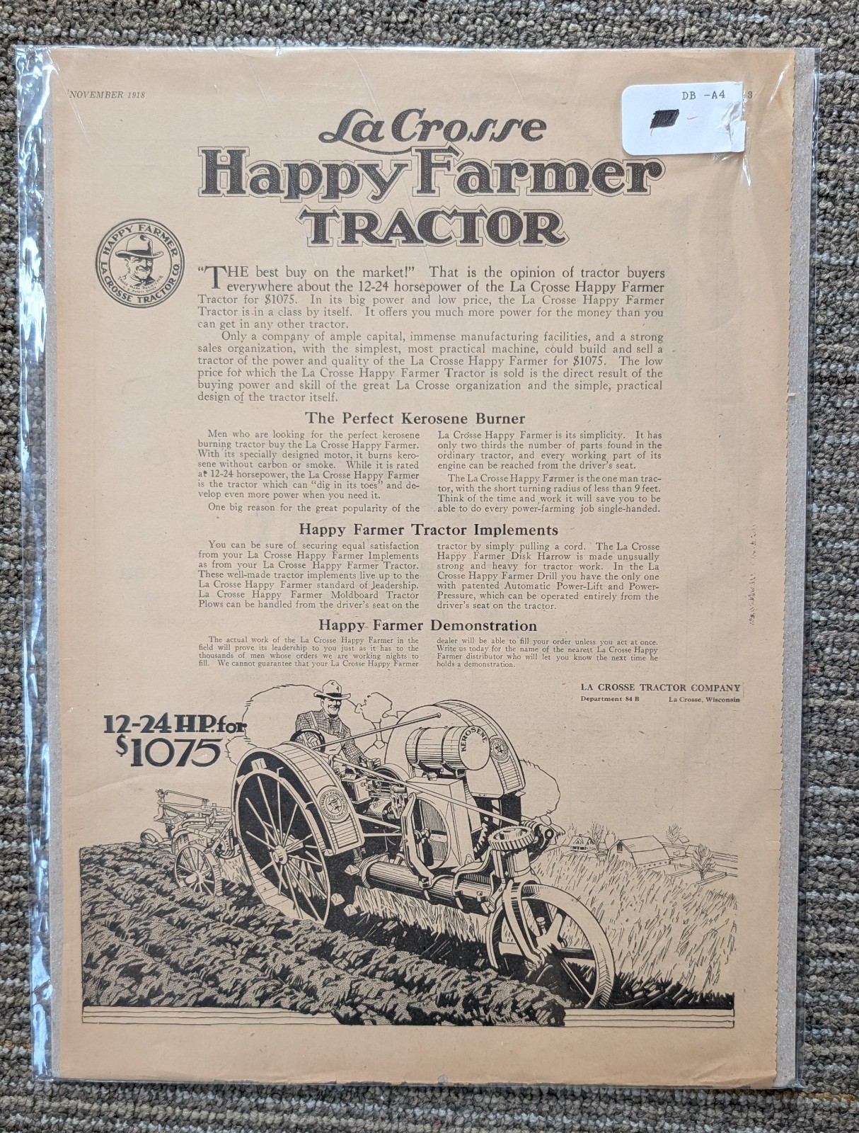 1917 La Crosse Tractor Ad: The Happy Farmer Tractor – La Crosse, Wisconsin