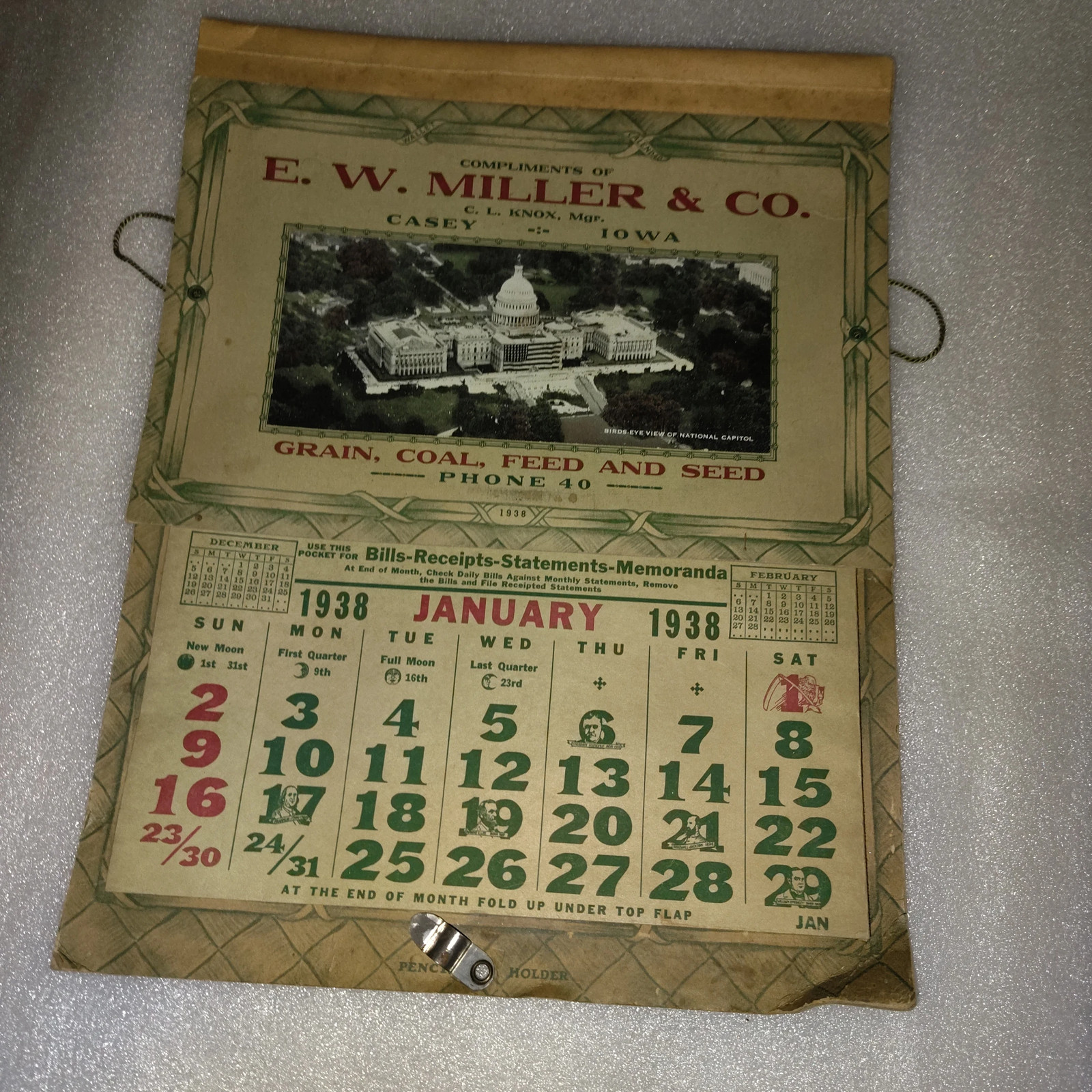 1938 E. W. Miller & Co. Casey Iowa Grain Coal Feed Seed Agricultural Calendar Ad