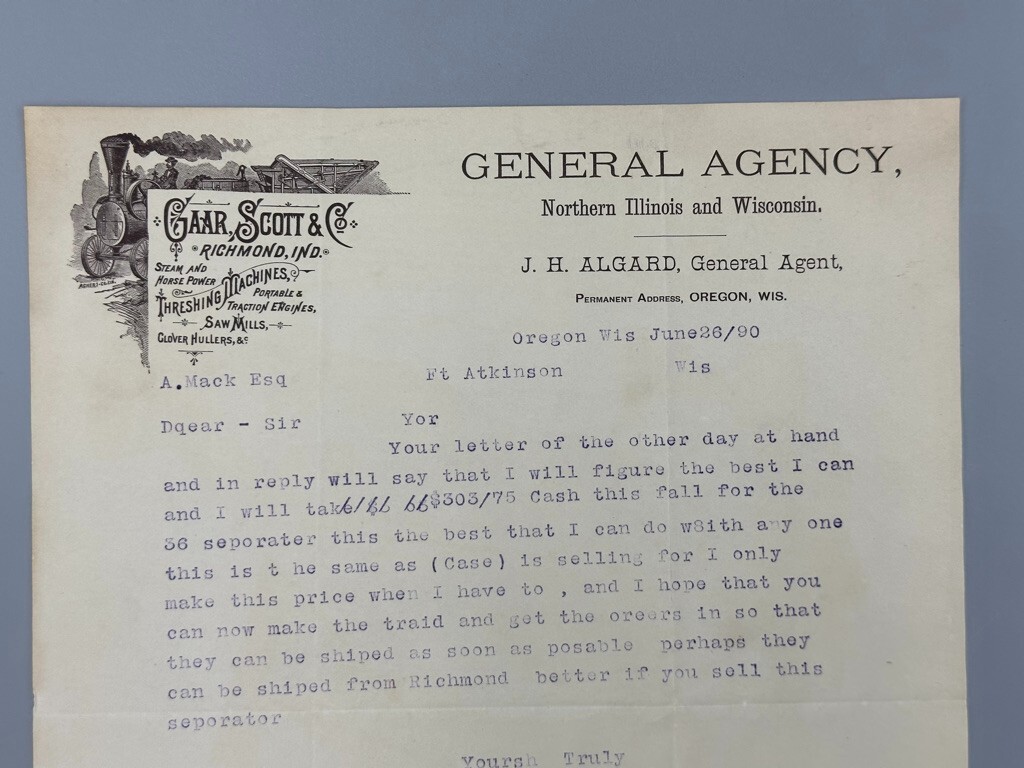 1890 GAAR SCOTT & Co THRESHING MACHINES Engines FARM Advertising Letter Antique