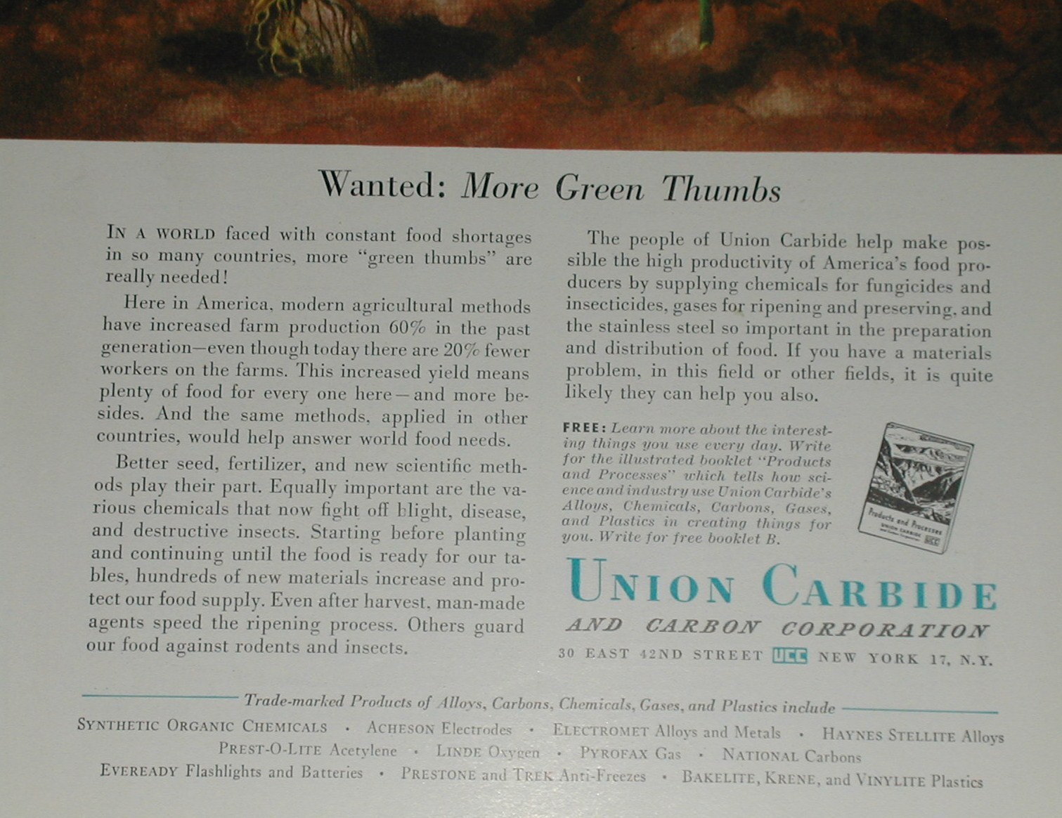 1951 Union Carbide ad, Green Thumb, agriculture