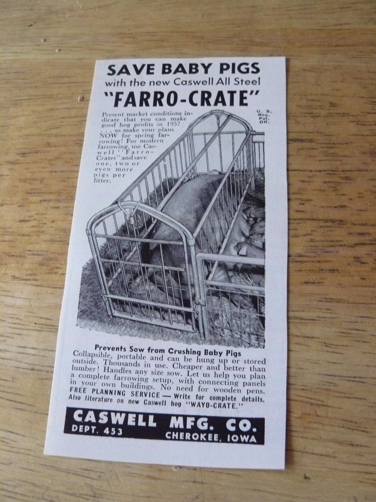 The FARM QUARTERLY -AD-SPRING 1957- FARRO-CRATE BY CASWELL MFG. / CHEROKEE, IOWA
