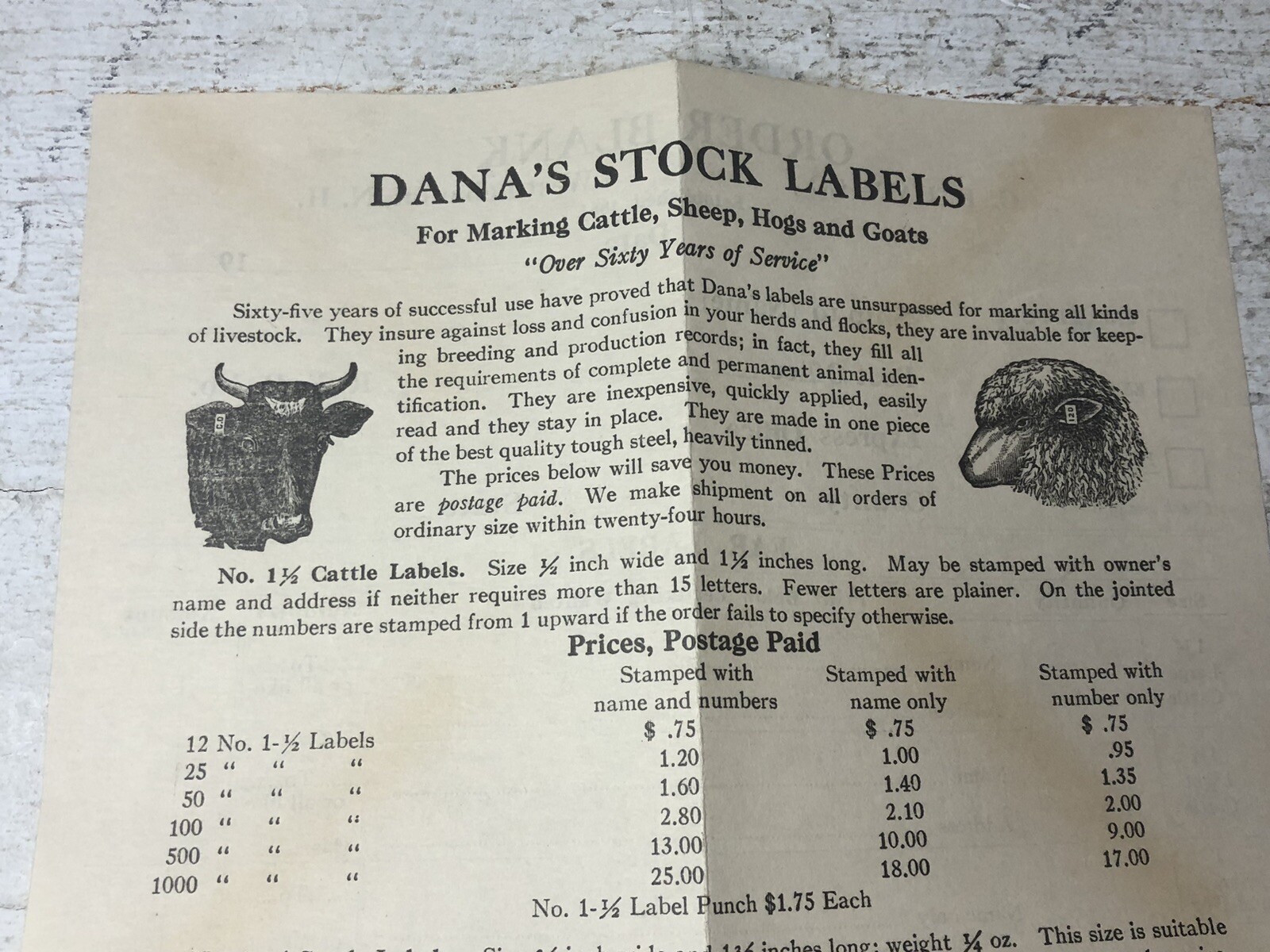 Vintage CH Dana Company Livestock Labels Order Sheet & Return Envelope NH