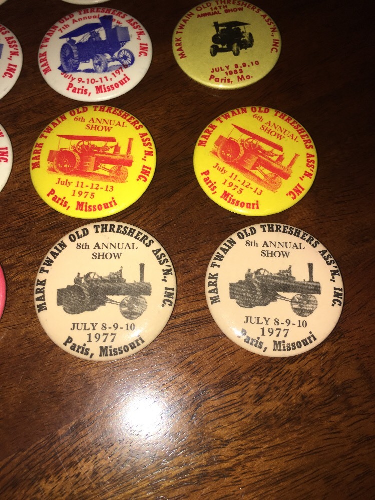 Lot 12 70s-80s Paris MO Mark Twain Old Threshers Assn Festival Souvenir Pinbacks