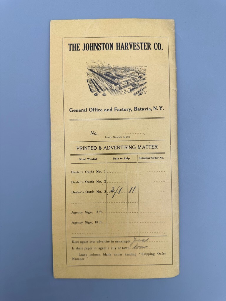 1911 JOHNSTON HARVESTER Contract Letter FARM Advertising BATAVIA NY Antique