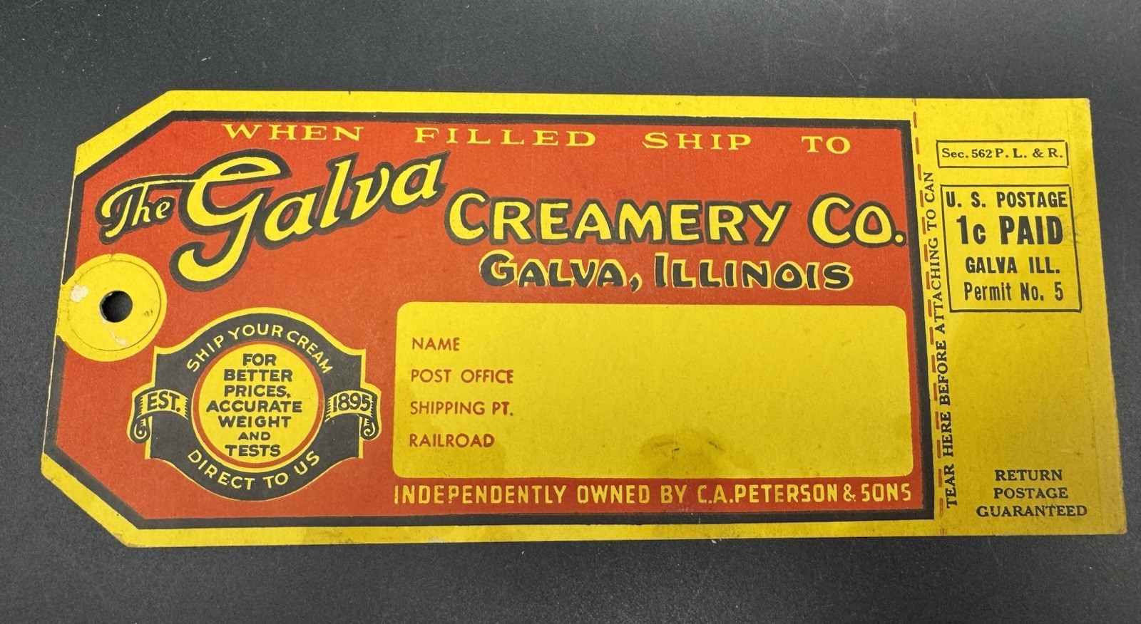 Antique Dairy Farm Cream Galva Illinois Tags NOS Davenport Iowa Advertising