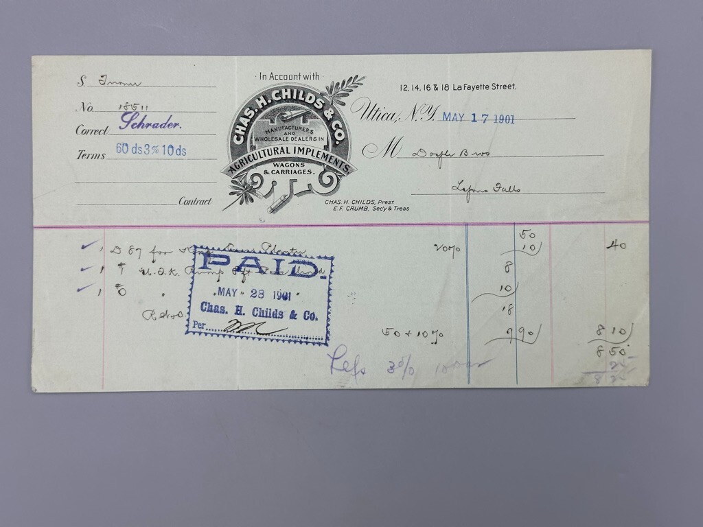 1901 CHILDS Co WAGONS CARRIAGES Farm Advertising UTICA NY Invoice Antique