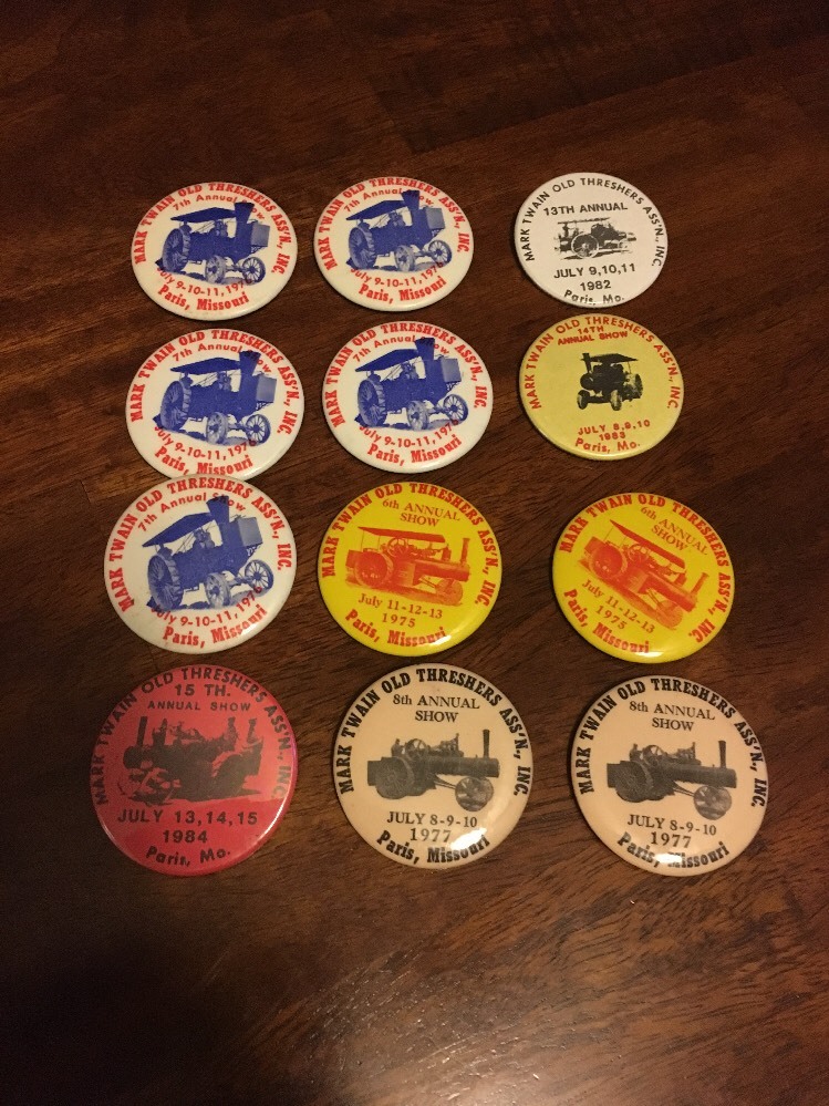 Lot 12 70s-80s Paris MO Mark Twain Old Threshers Assn Festival Souvenir Pinbacks