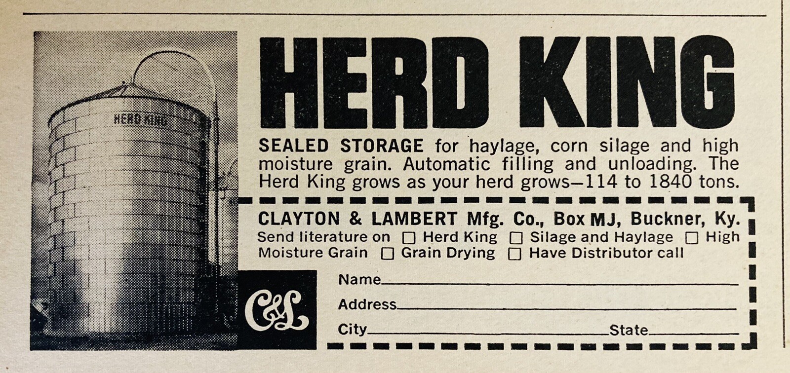 1964 AD.(XH76)~CLAYTON & LAMBERT MFG. CO. HERD KING STORAGE SILO