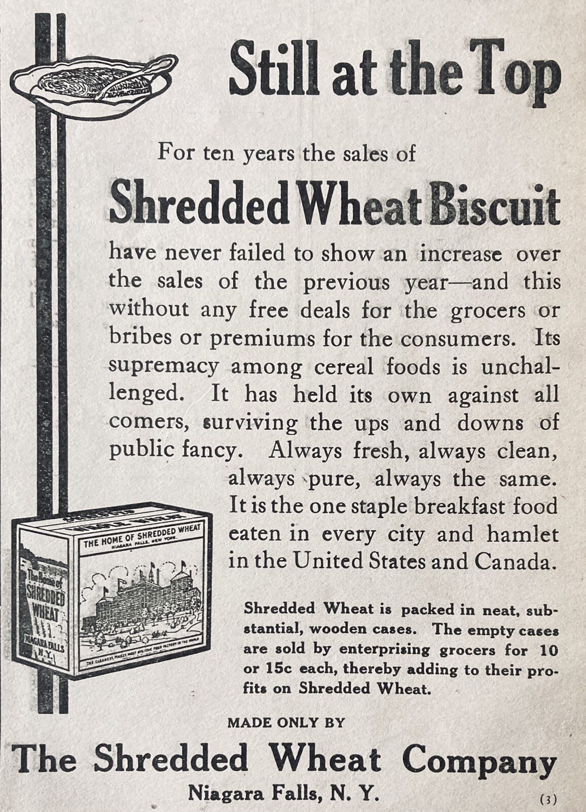 1913 AD.(XG15)~SHREDDED WHEAT CO. NIAGARA FALLS, NY. SHREDDED WHEAT BISCUIT