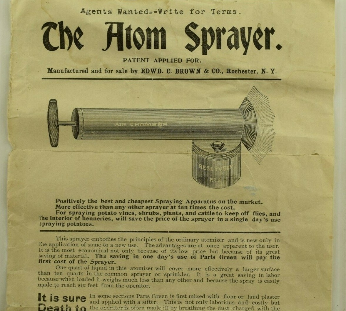 19th Century Atom Sprayer Bug Sprayer Duster Handbill Edward C. Brown