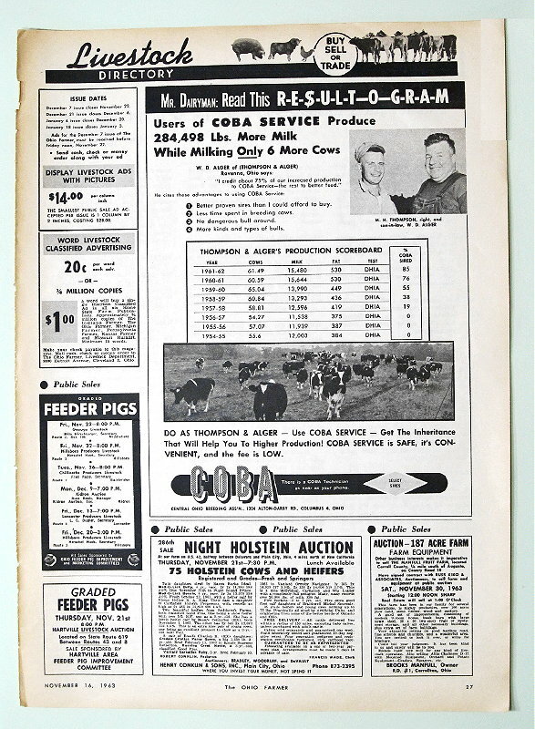 Oriininal 1963 COBA Ad Features W D Alger, Ravenna, Portage County Ohio