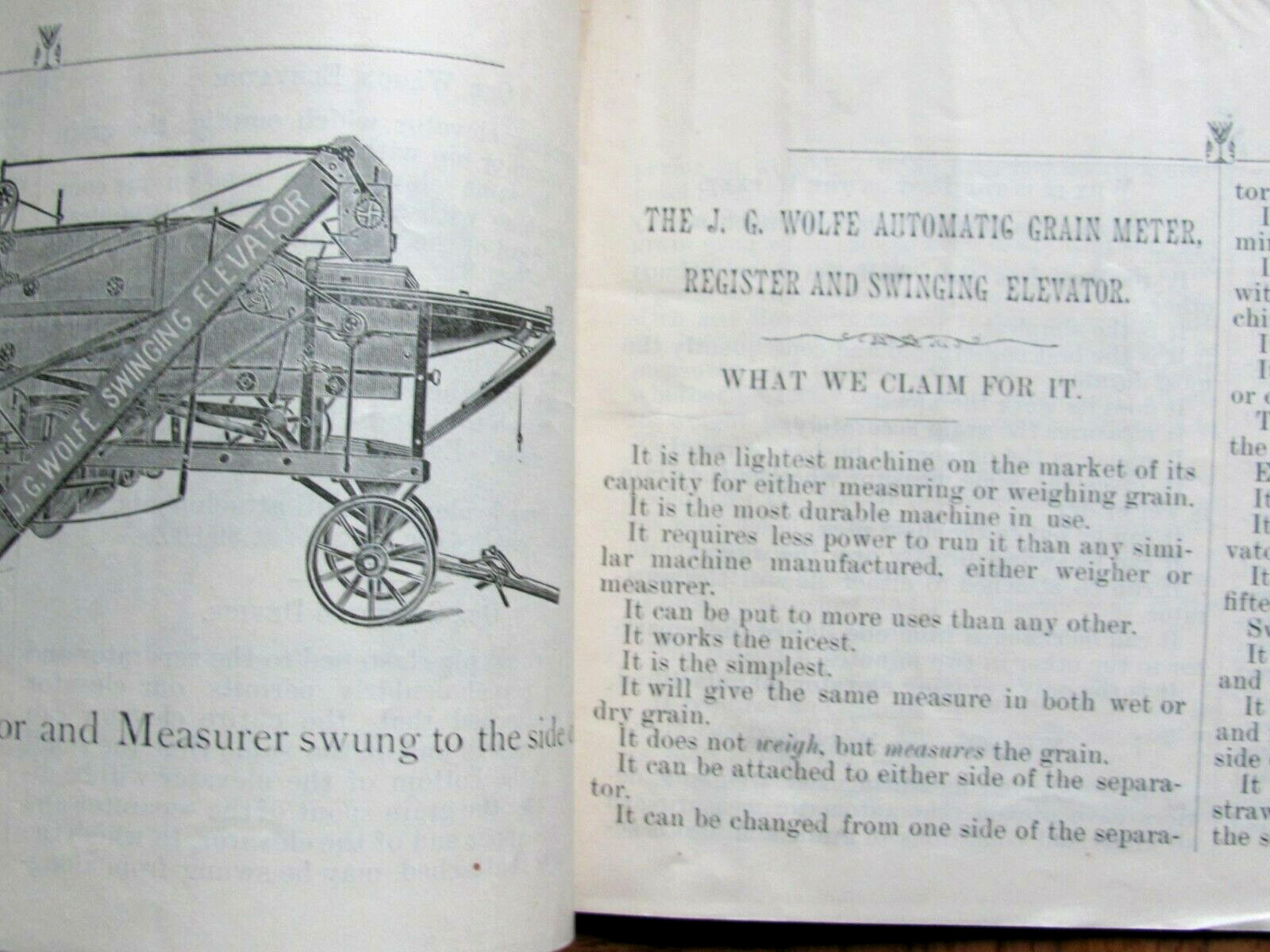 1893 FARM CATALOG J G WOLFE AUDUBON IOWA TRESHER ATTACHMENT ELEVATOR GRAIN METER