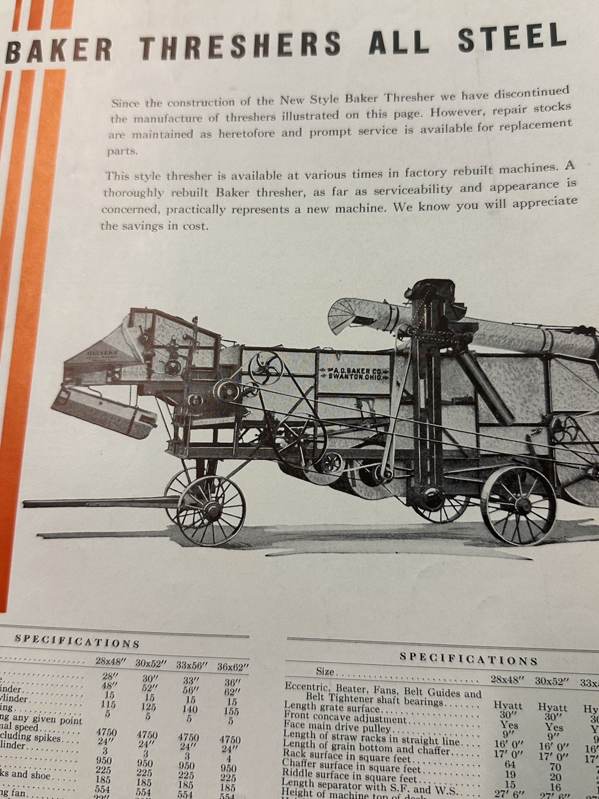 Antique A.D. Baker Grain Thresher Brochure Swanton Ohio Farm Advertising