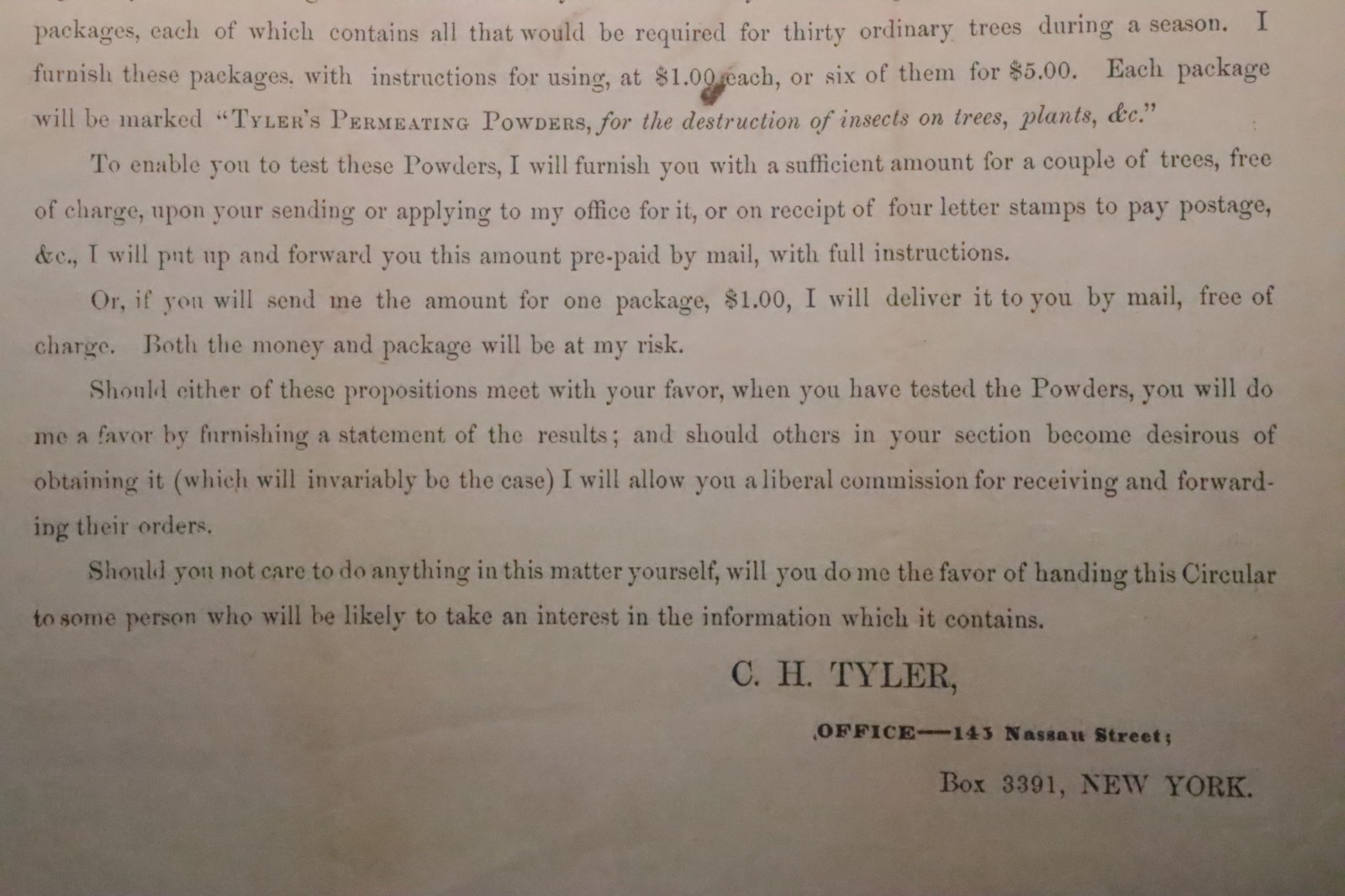 Rare Civil War Era Save Your Trees Circular C.H. Tyler NY Orchard Pest Broadside