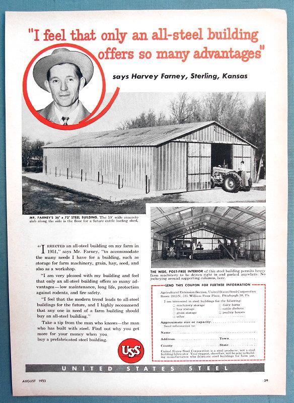 Original 1953 USS Building Ad Endorsed by Harvey Farney of Sterling Kansas