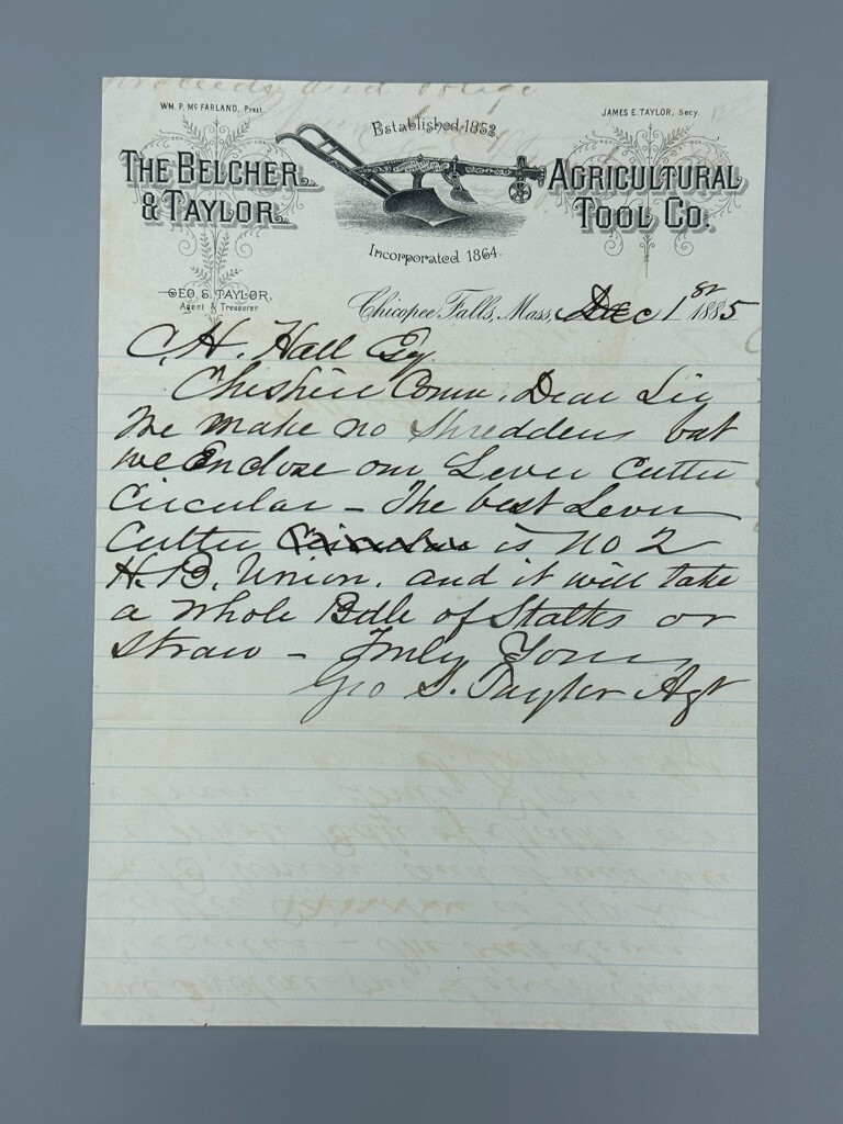 1885 BELCHER TAYLOR Agricultural FARM POSTAL COVER Advertising CHICOPEE FALLS MA