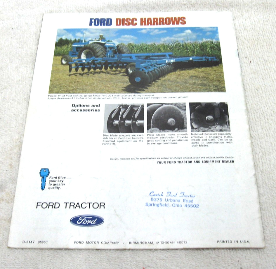 VINTAGE 1969 FORD TRACTOR DISK HARROWS TILLAGE BROCHURE 201 202 220 222 224 +++