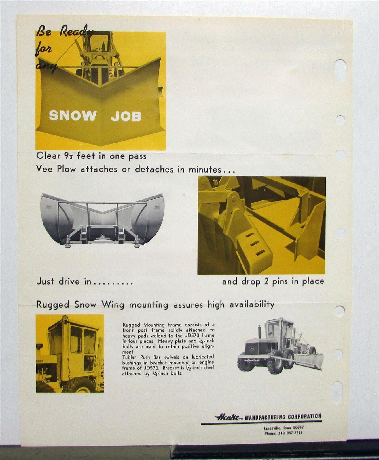 1969 Henke Snow Plow Attachment Specifications Construction Sales Brochure