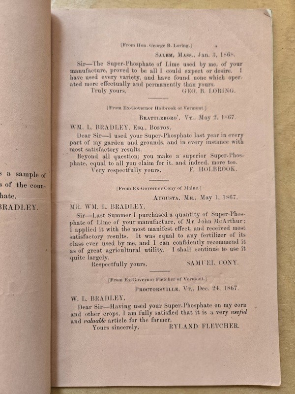 c1869 Bradley&rsquo;s Patent Phosphate Lime Brochure Boston MA Alonzo Davis Rutland MA