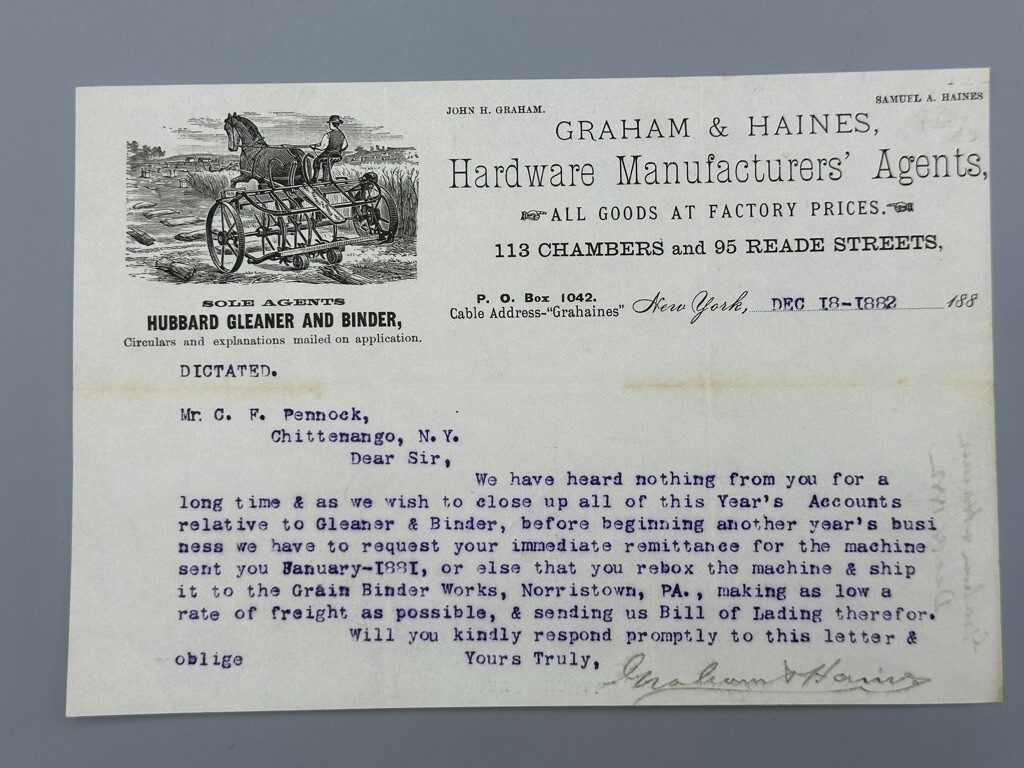 1882 HUBBARD GLEANER BINDER Graham Haines FARM Machinery Advertising Letterhead