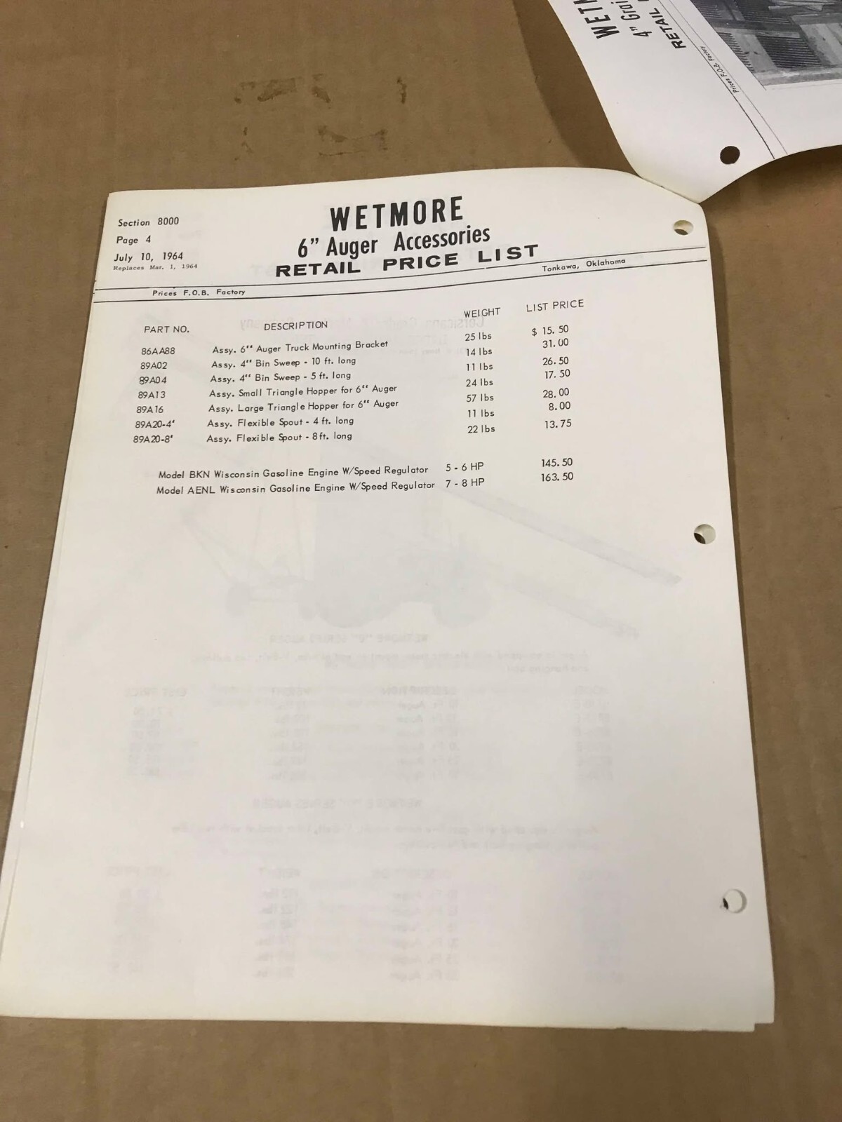 Vintage 1964 Wetmore 6&Prime; Grain Augers Retail Price List