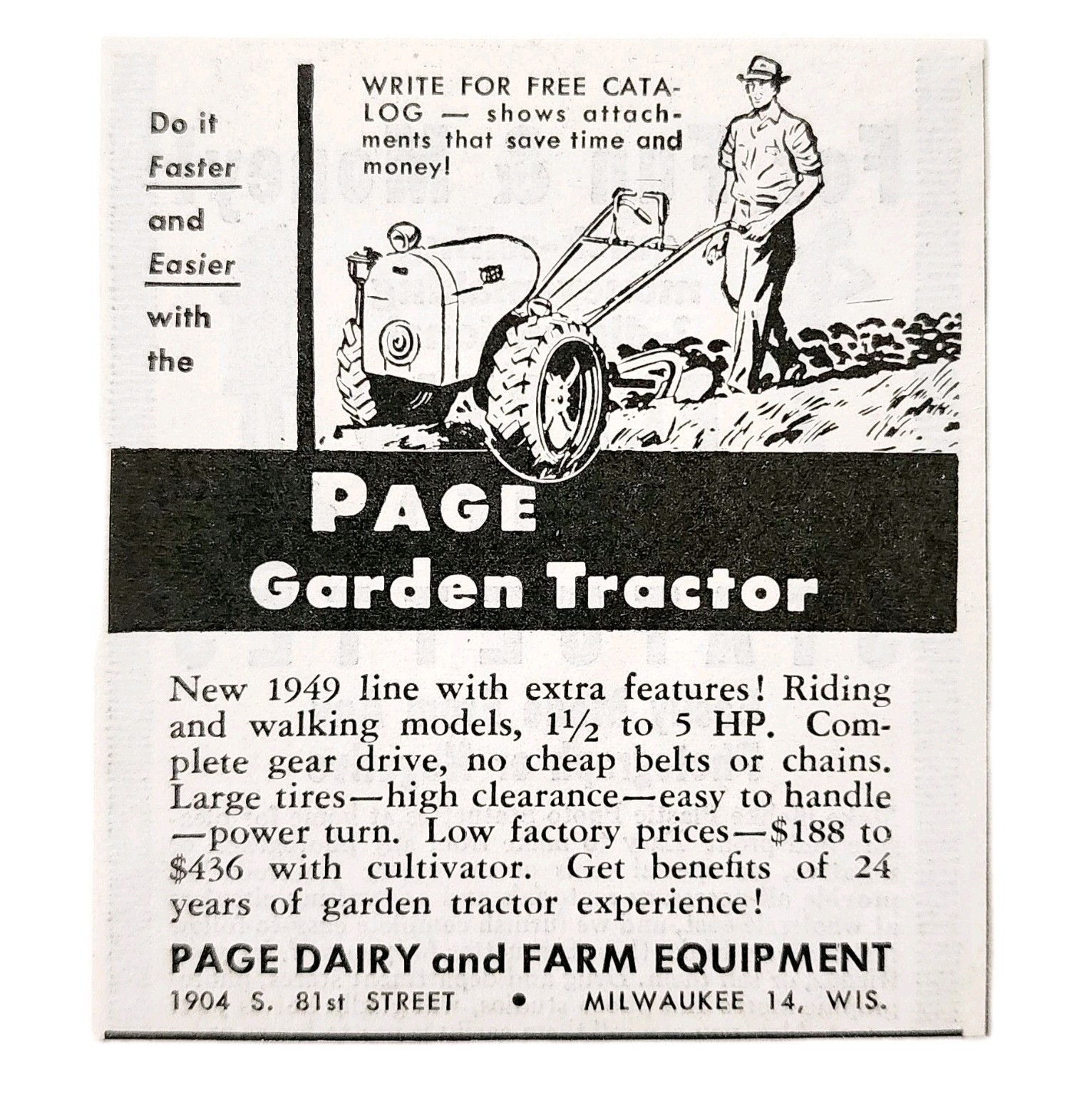 1949 Page Dairy And Farm Garden Tractor Advertisement Vintage Agriculture E8Q