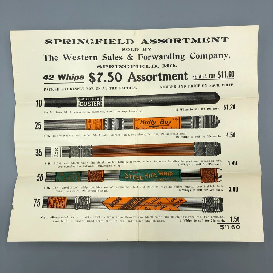 c 1900 HORSE WHIP Bully Boy FARM Advertising SPRINGFIELD MO Western Sales Flyer