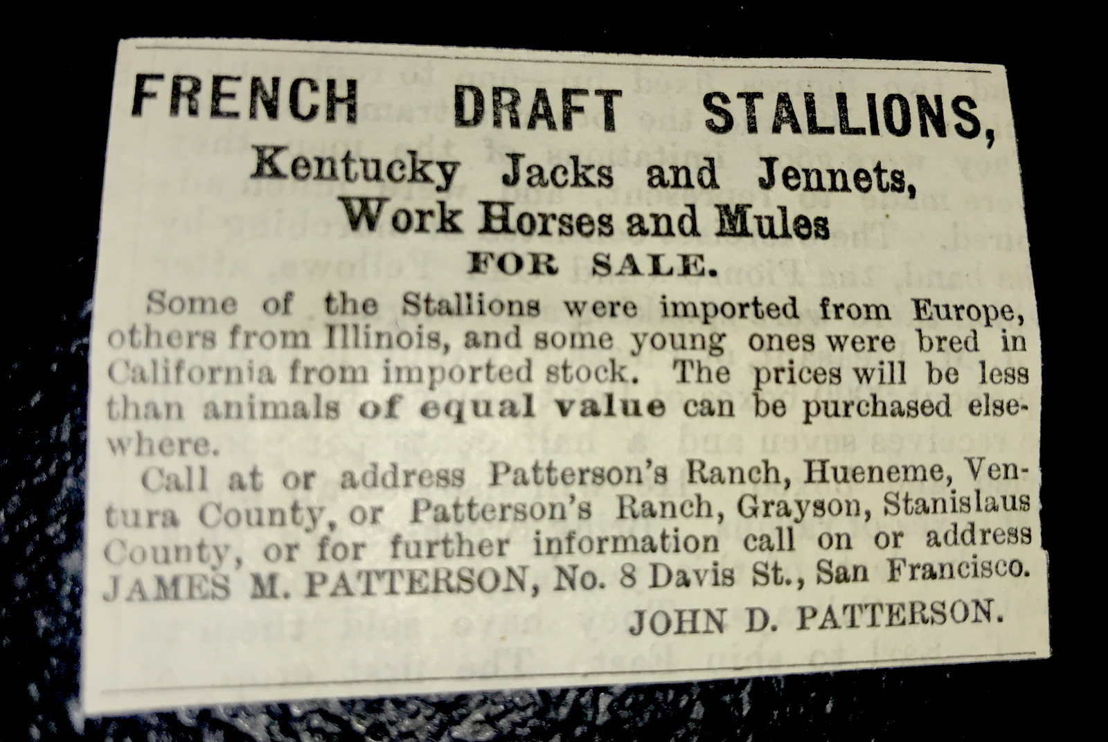 1886 Kentucky Horse Farm Advertising – San Francisco – California