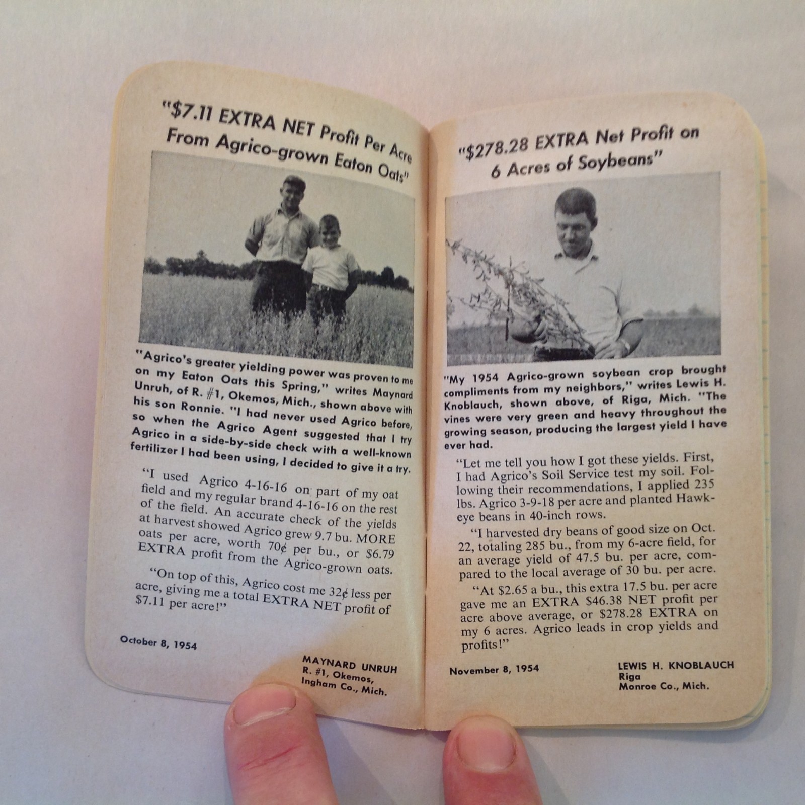 Vintage 1954 Agrico Fertilizer Memo Book Advert Michigan Farmer Testimonials MI