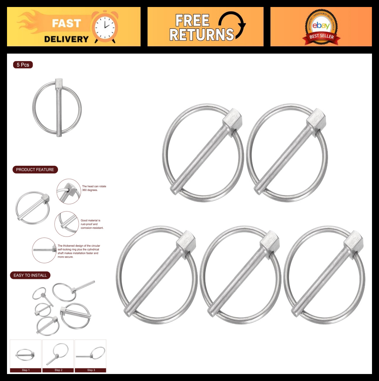 5Pcs Stainless Steel Linch Pins 3/16&Prime; x 1-1/2&Prime; with Ring for Boat Kayak Trailer