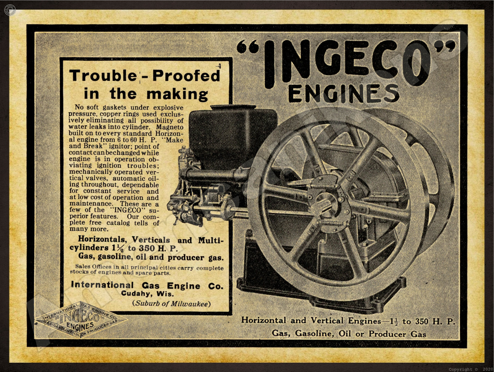 1912 International Gas Engine Co. New Metal Sign: Cudahy, Wisconsin – INGECO