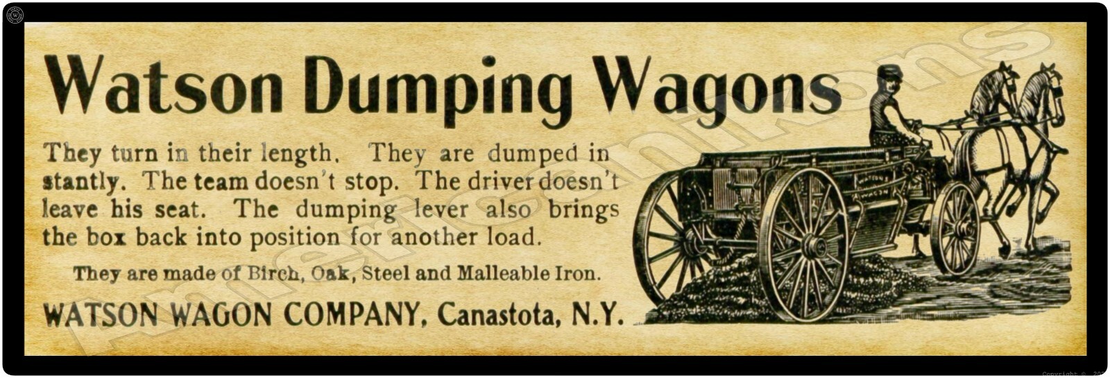 1901 Watson Dumping Wagons Canastota NY New Marquee Style Metal Sign 6&Prime; x 18&Prime;