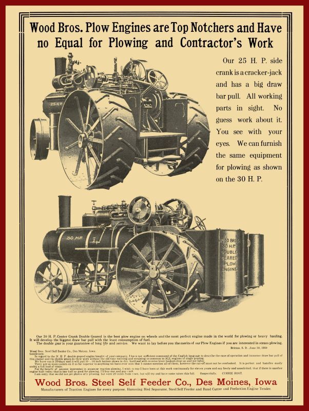 1910 Wood Brothers Steel Self Feeder Co. NEW Metal Sign: 25/30 HP Plow Engines