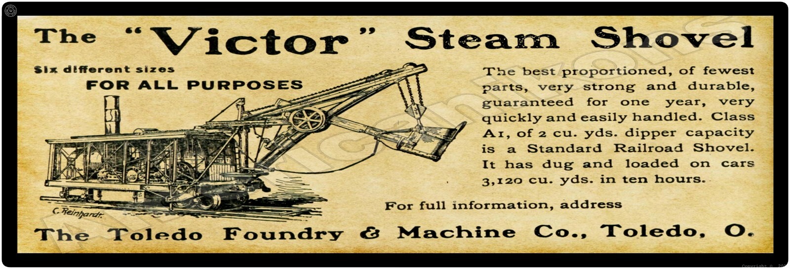 1901 Toledo Foundry & Machine Co. New Metal Sign: Victor Steam Shovel – 6 x 18&Prime;