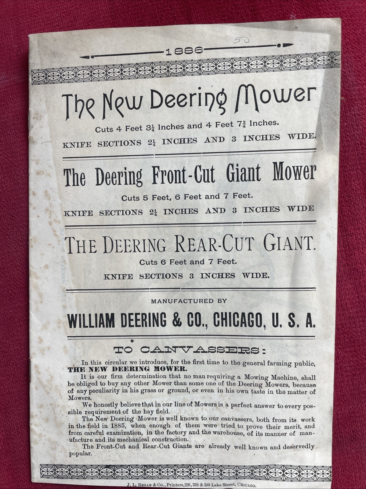 1886 The New Deering Mower ILLUSTRATED BROCHURE ORIG AGRICULTURE ADVERTISING
