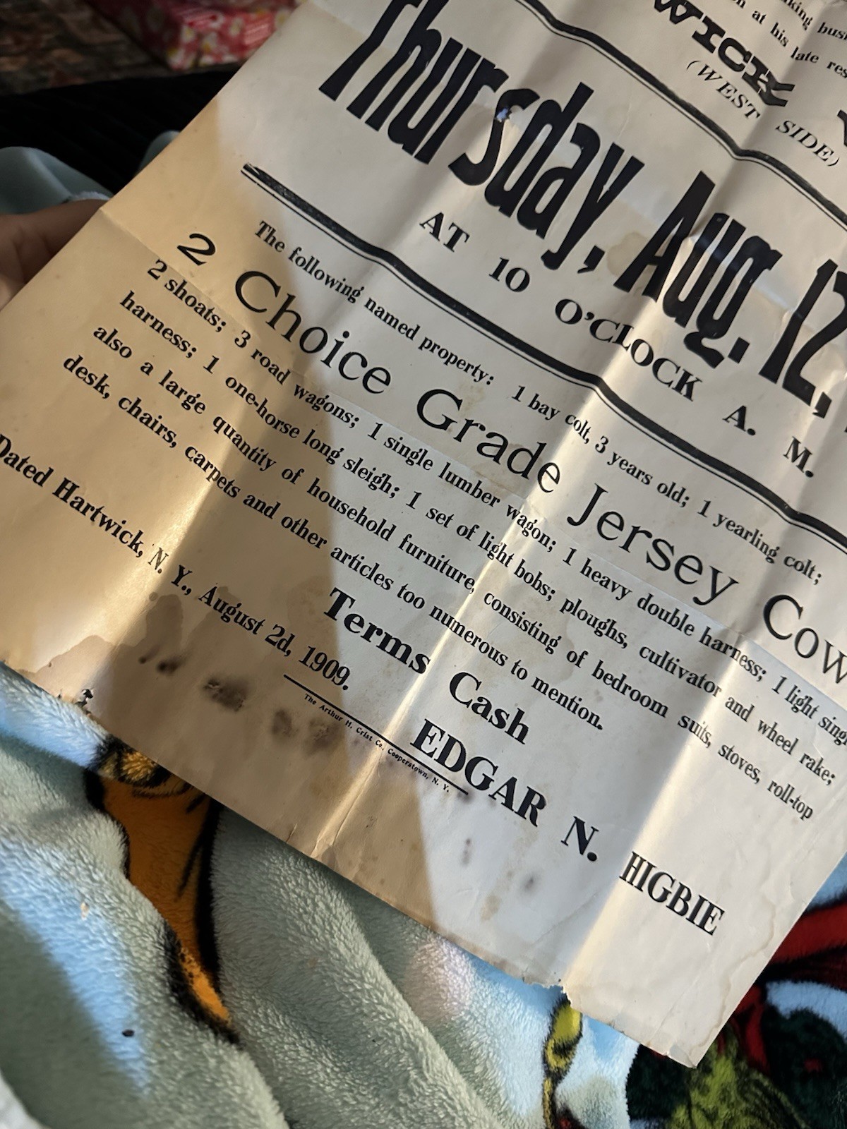 Auction Hartwick Village Public Sale 1909 Horses, Wagons, Sleigh, House Stuff