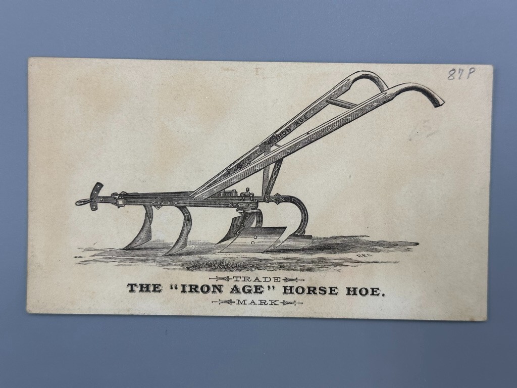 1880s IRON AGE HORSE HOE Farm Advertising Trade Card PORTLAND MAINE