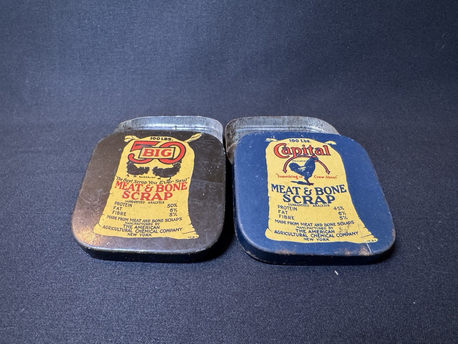 2 Vtg Meat & Bone Scrap Advertising Tins American Agricultural Chemical Co NY