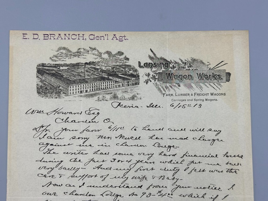 1913 LANSING WAGON WORKS Lumber Freight FARM Advertising Illustrated Letter