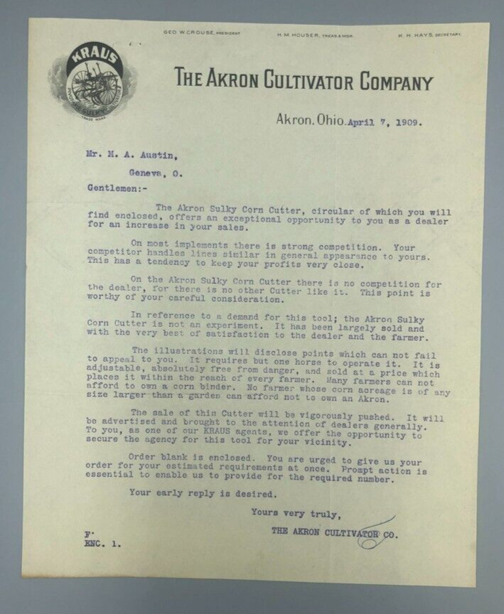 1909 AKRON CULTIVATOR Sulky KRAUS Plow Antique Letter FARM Advertising Ohio