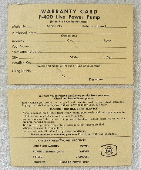 Vintage Char-Lynn Farm Hydraulic Power Pump Warranty Postcard