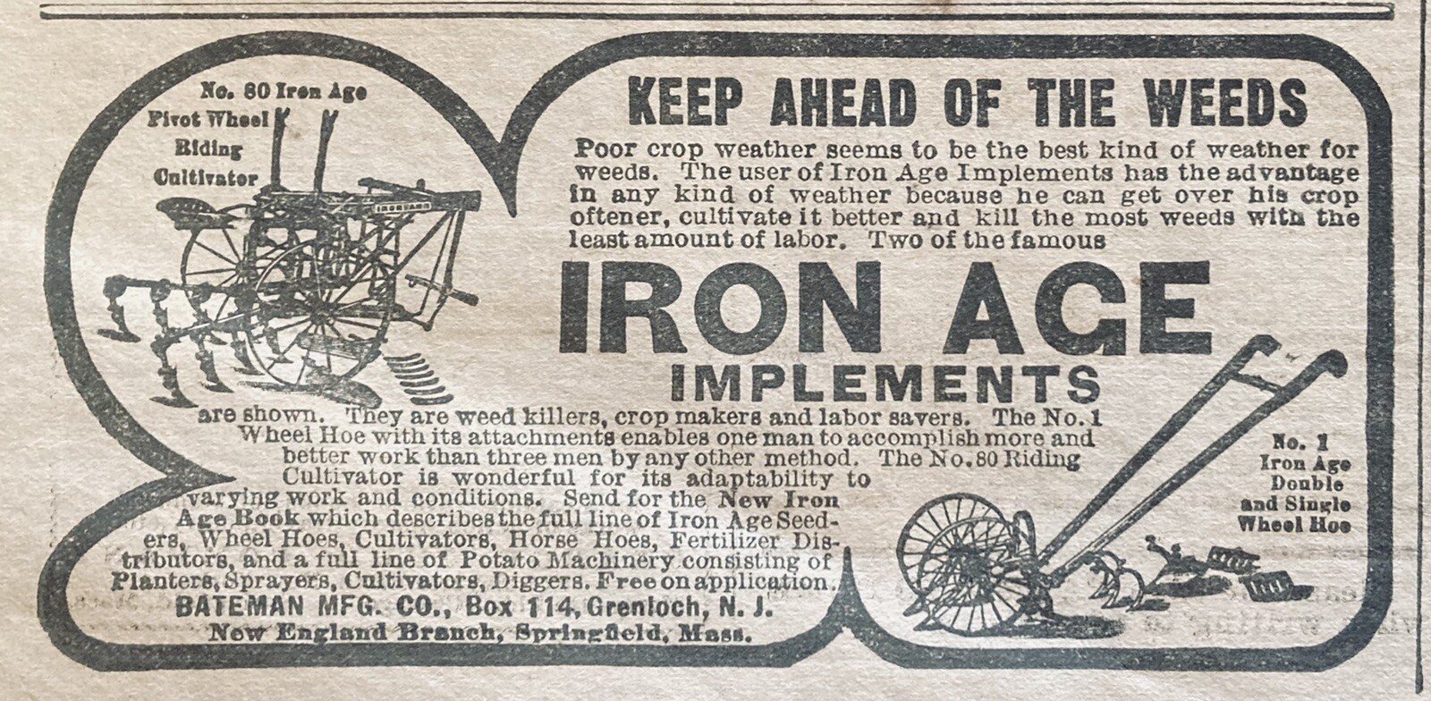 1906 AD(XH35)~BATEMAN MFG. CO. GRENLOCH, NJ. IRON AGE FARM IMPLEMENTS