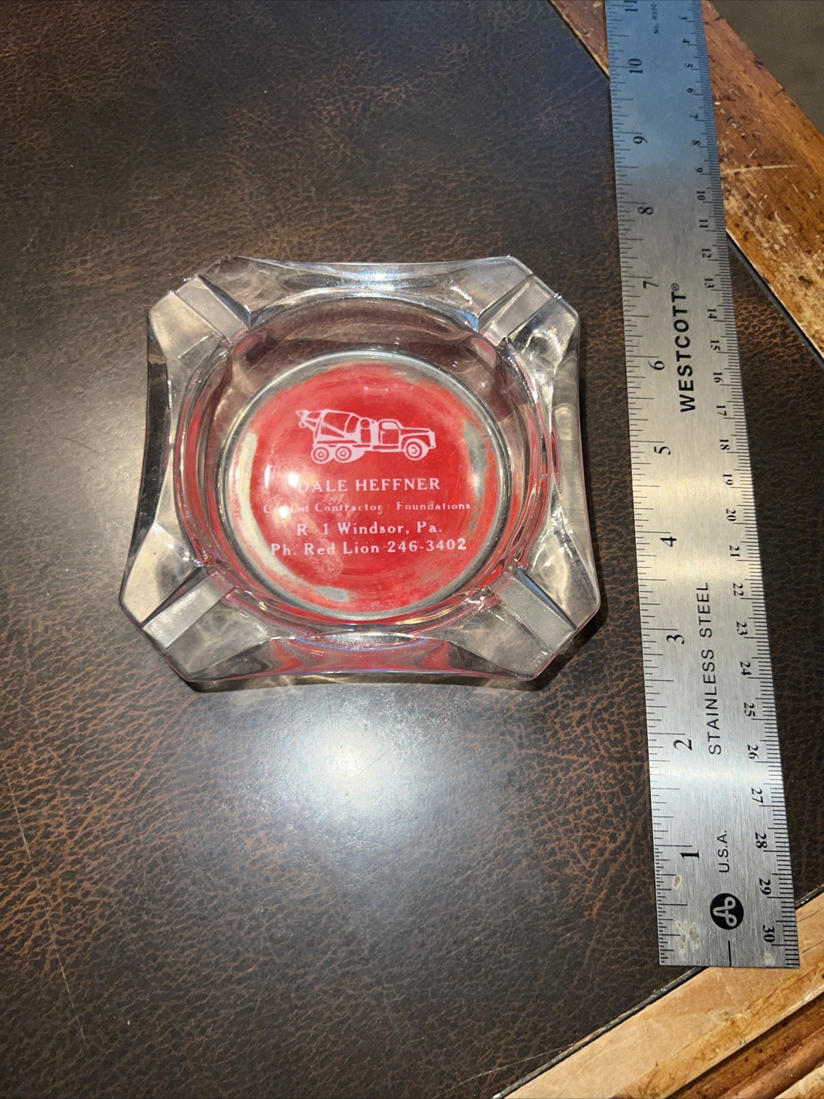 Vintage Glass Ashtray Dale Heffner Cement Contractor Windsor Red Lion Pa