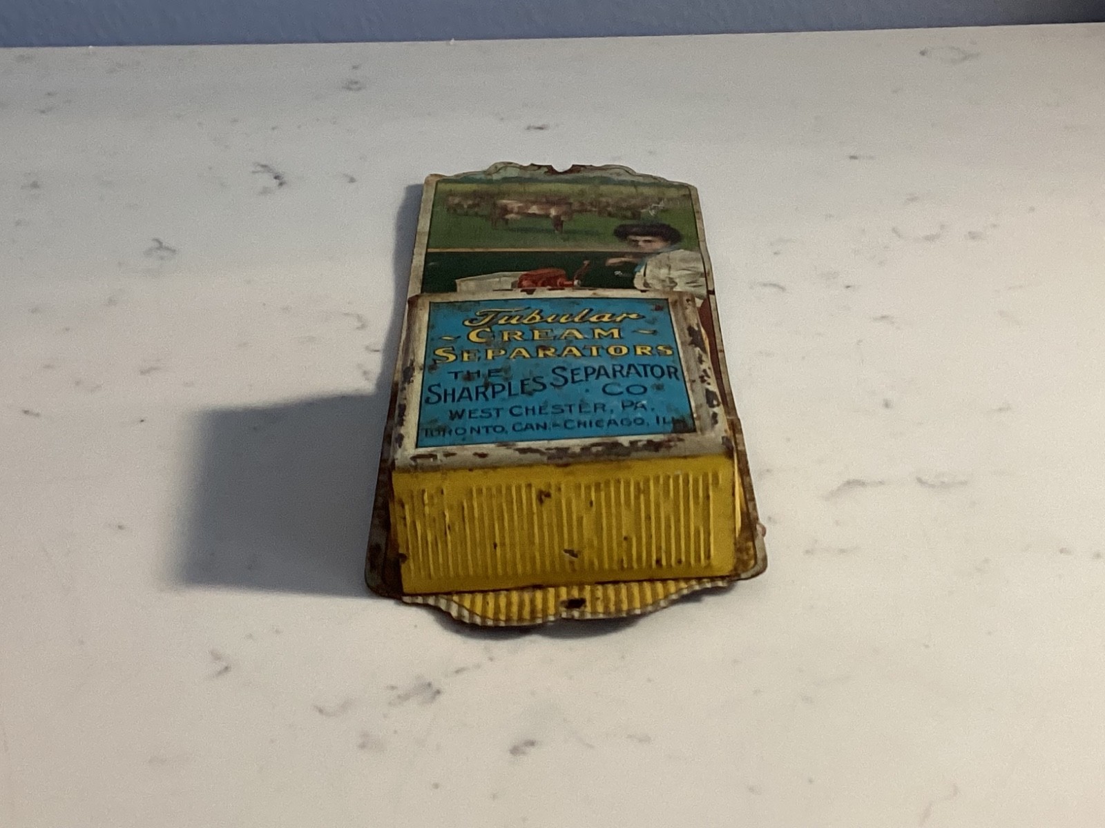ANTIQUE SHARPLES TUBULAR CREAM SEPARTORS CO. MATCH HOLDER TIN MUST SEE NO RES