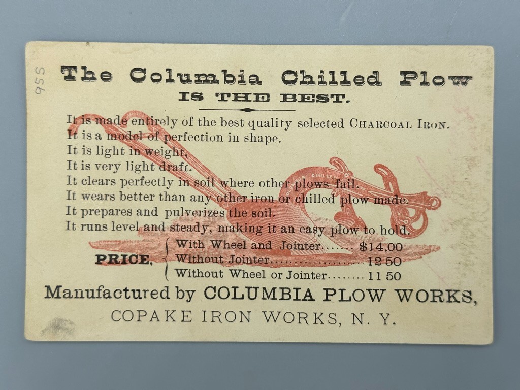 1880s COLUMBIA CHILLED PLOW Love Note FARM Advertising Trade Card COPAKE IRON NY