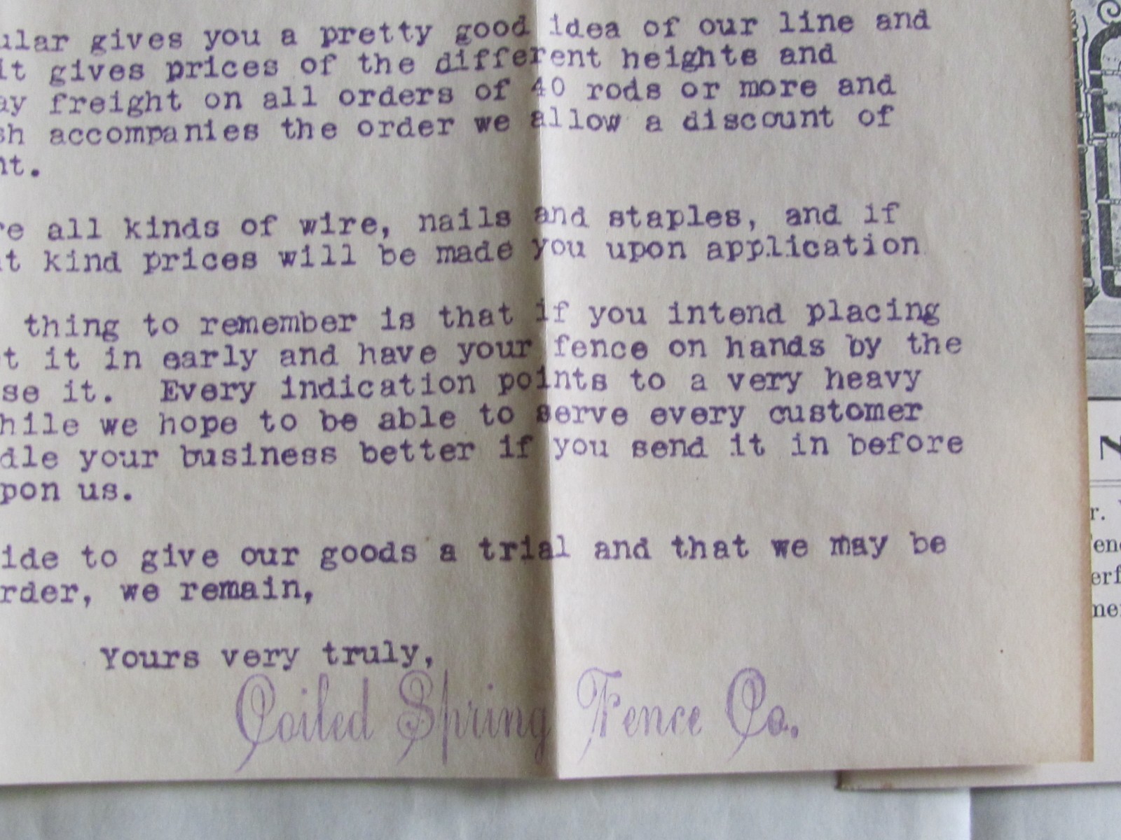 1906 COILED SPRING ORNAMENTAL FENCE WINCHESTER INDIANA LETTER & BROCHURE
