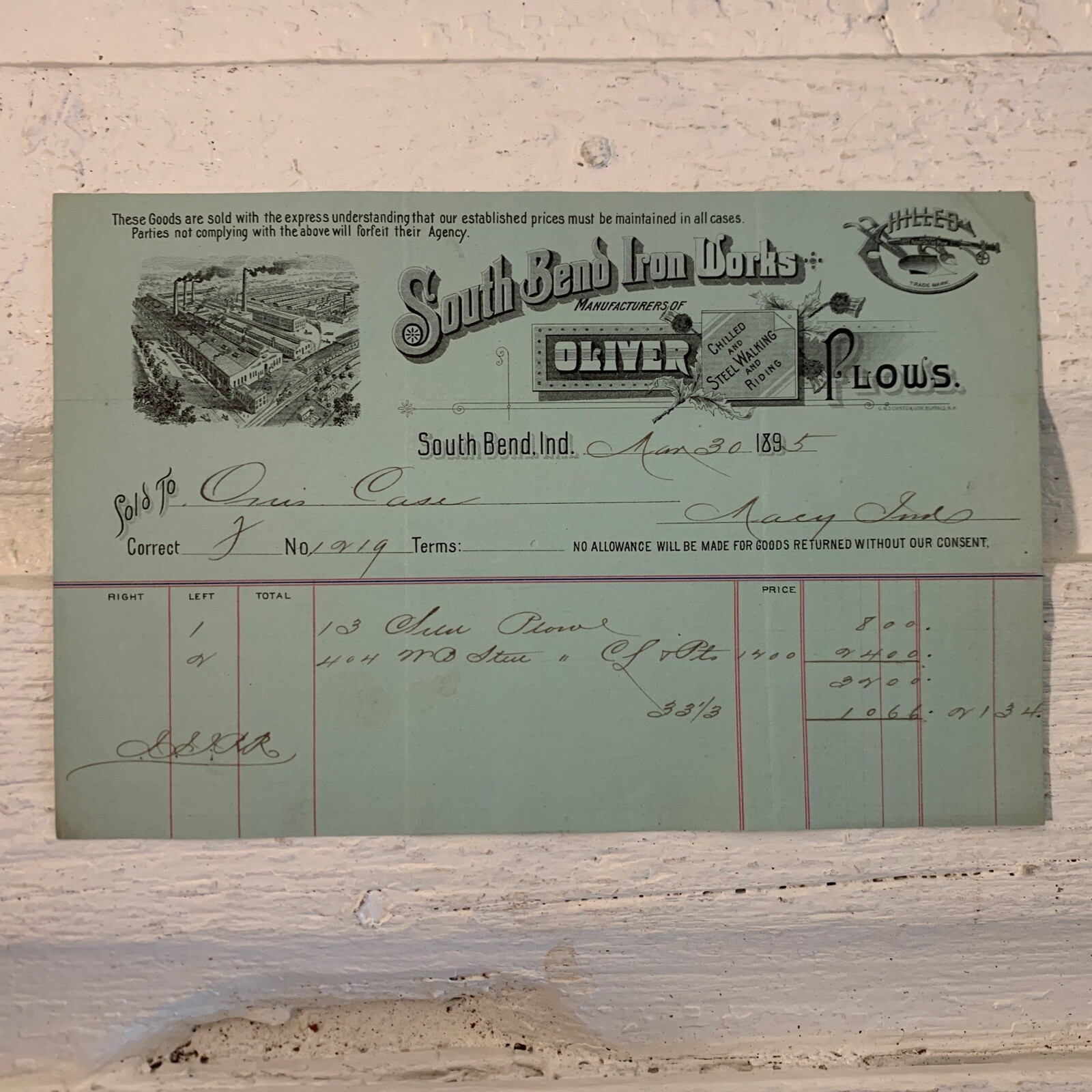 Antique 1895 Farm Receipt South Bend IN South Bend Iron Works~ Oliver Plows